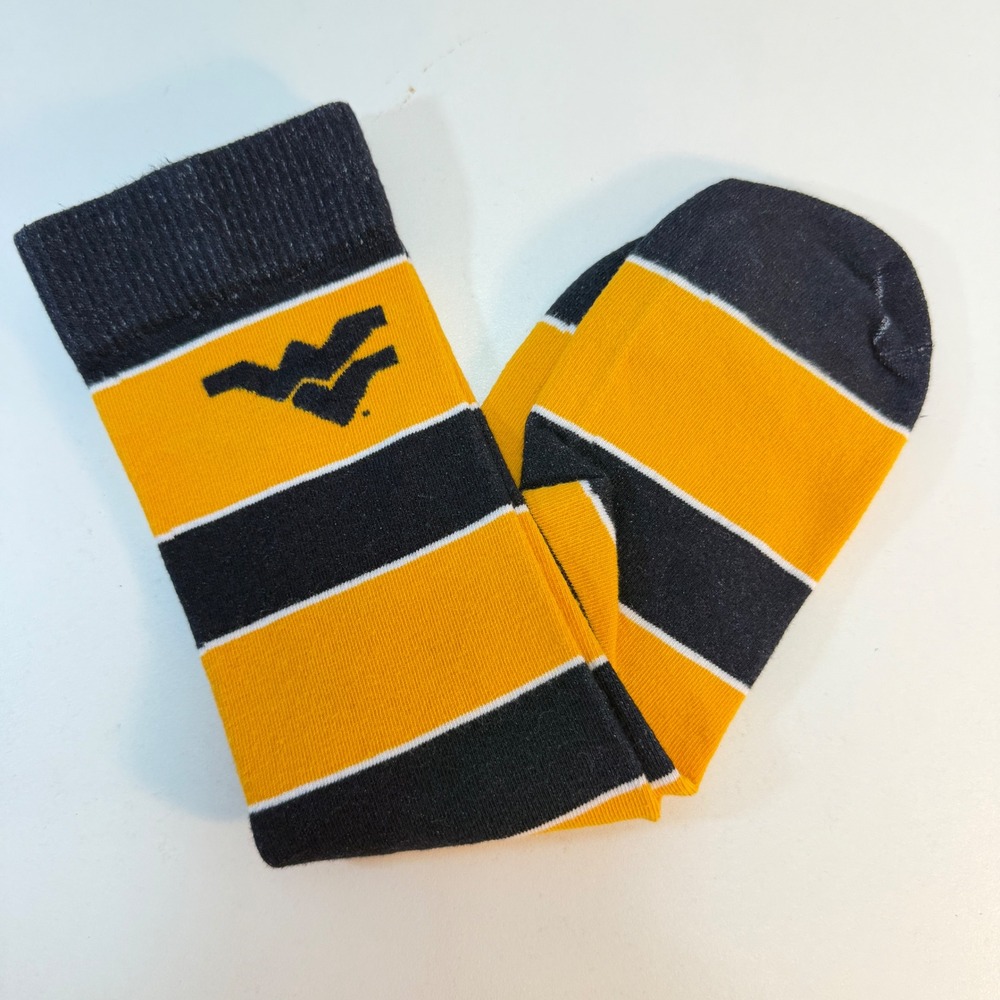 West Virginia University Crew Socks Adult OSFM Gold Navy Blue Striped WVU Logo